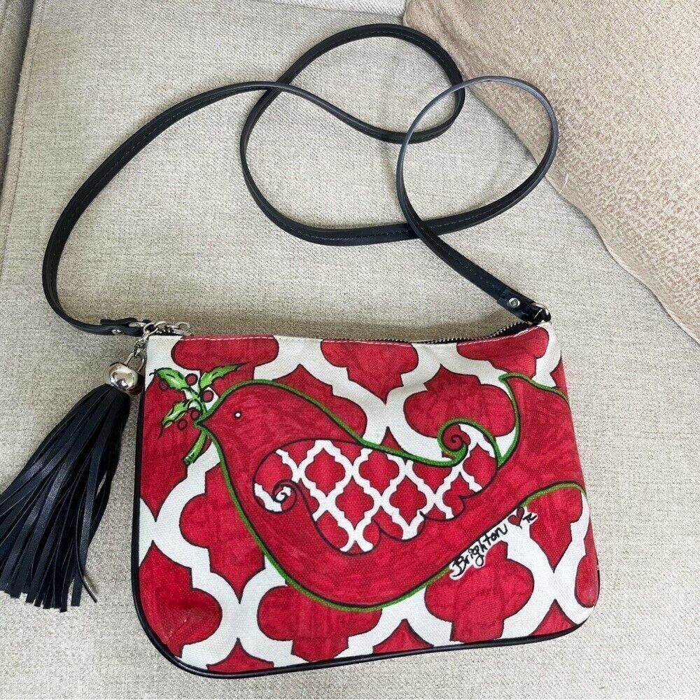 Brighton Bag Mini Crossbody Red Love Dove Canvas Pouch Long Strap Tassel Purse